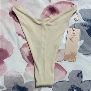 NWT Oh Polly Swim Cream Thong High Waisted Beachy Bikini Bottom Size Small